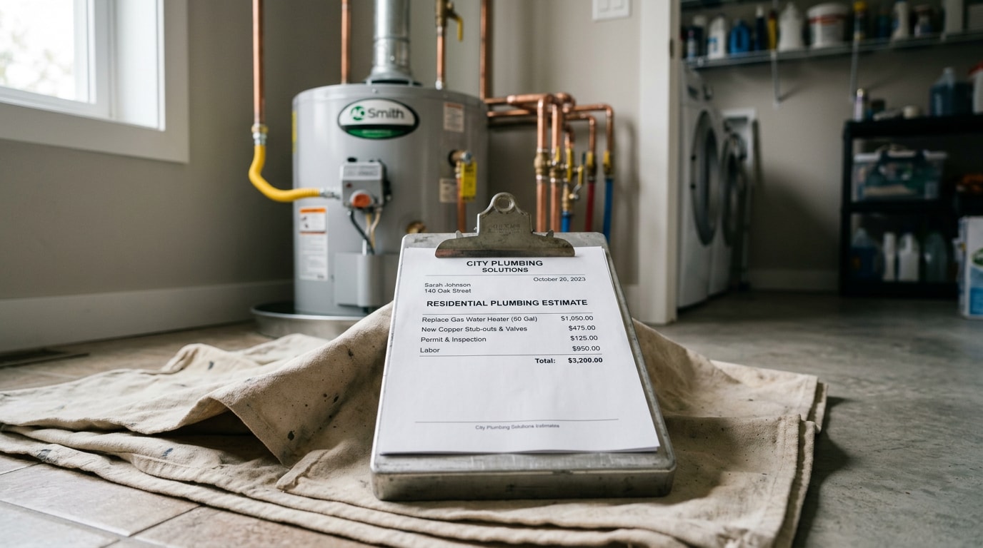 Printed plumbing estimate on a clipboard in a residential utility room Printed plumbing estimate on a clipboard in a residential utility room