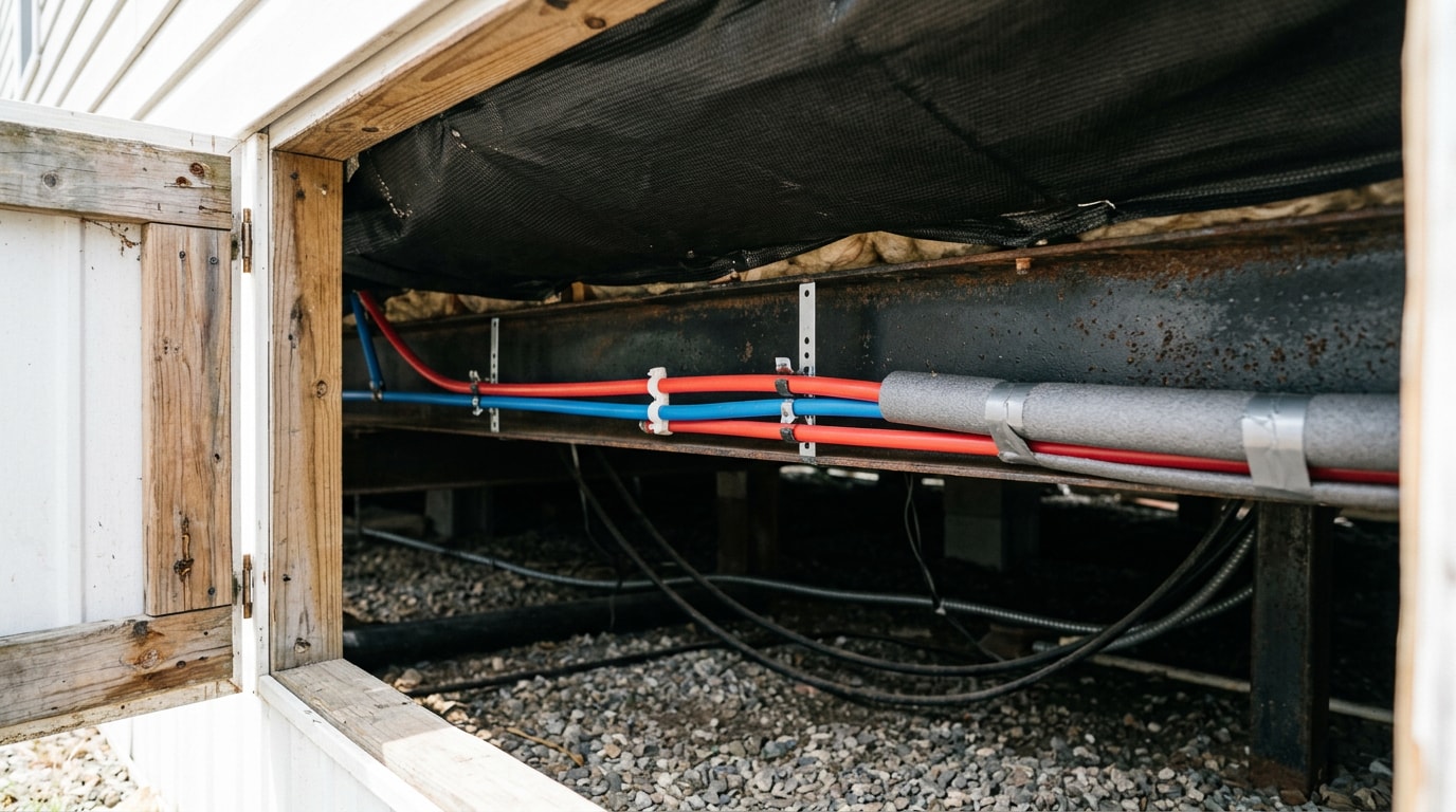 PEX supply lines and underbelly wrap beneath a manufactured home PEX supply lines and underbelly wrap beneath a manufactured home