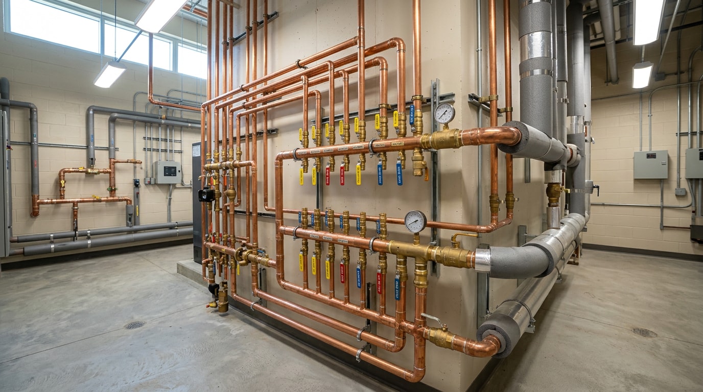 Finished commercial plumbing manifold with copper piping, valves, and pressure gauges in a mechanical room Finished commercial plumbing manifold with copper piping, valves, and pressure gauges in a mechanical room
