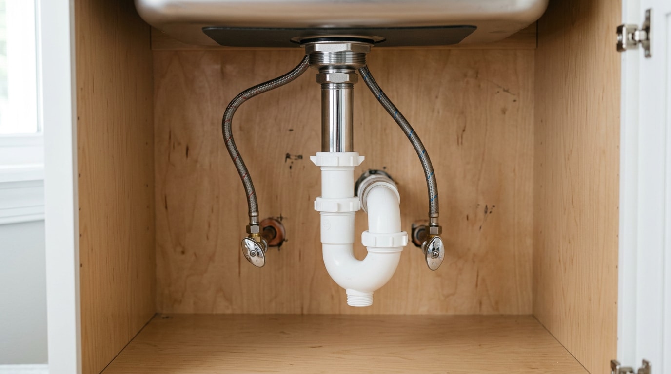 Under-sink plumbing with P-trap, tailpiece, shut-off valves and braided supply lines Under-sink plumbing with P-trap, tailpiece, shut-off valves and braided supply lines