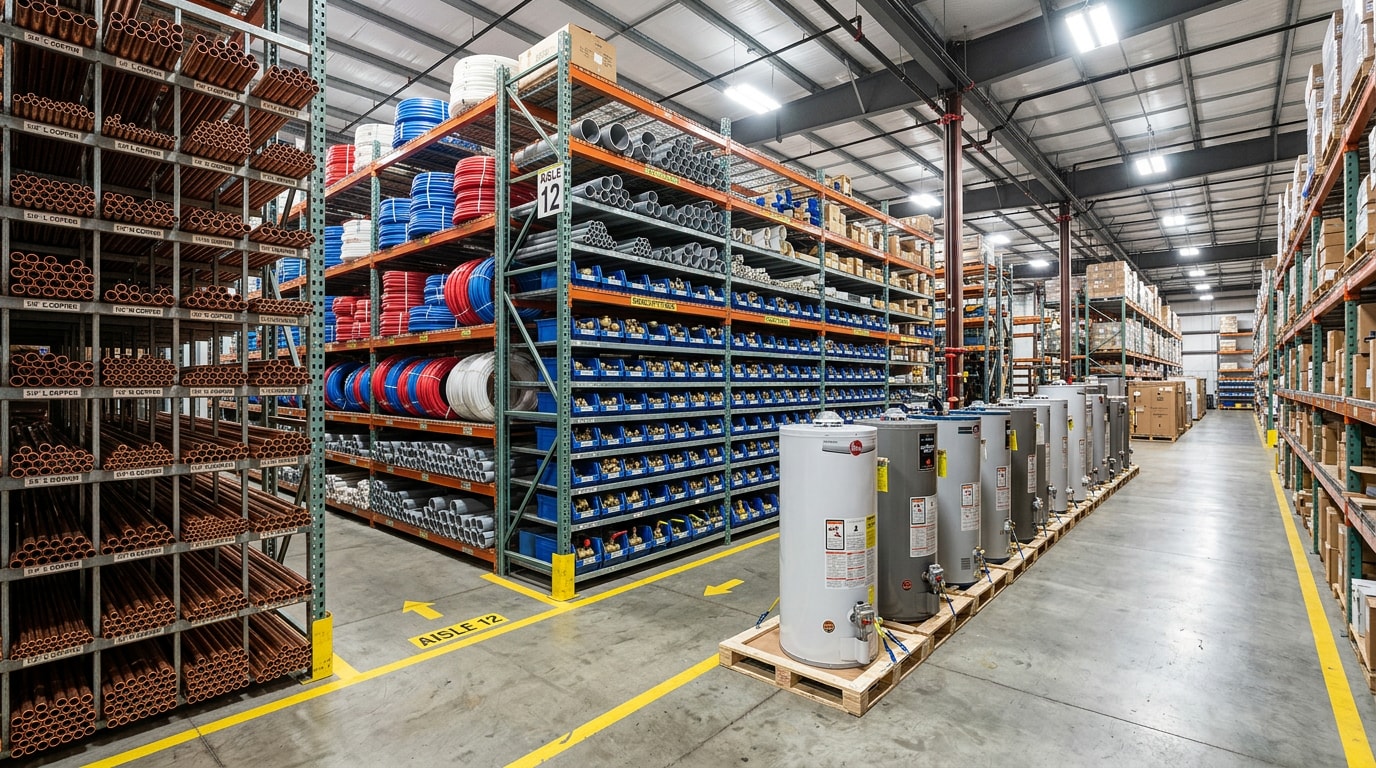 Wholesale plumbing supply warehouse aisles stocked with copper pipe, PVC, fittings and commercial water heaters Wholesale plumbing supply warehouse aisles stocked with copper pipe, PVC, fittings and commercial water heaters